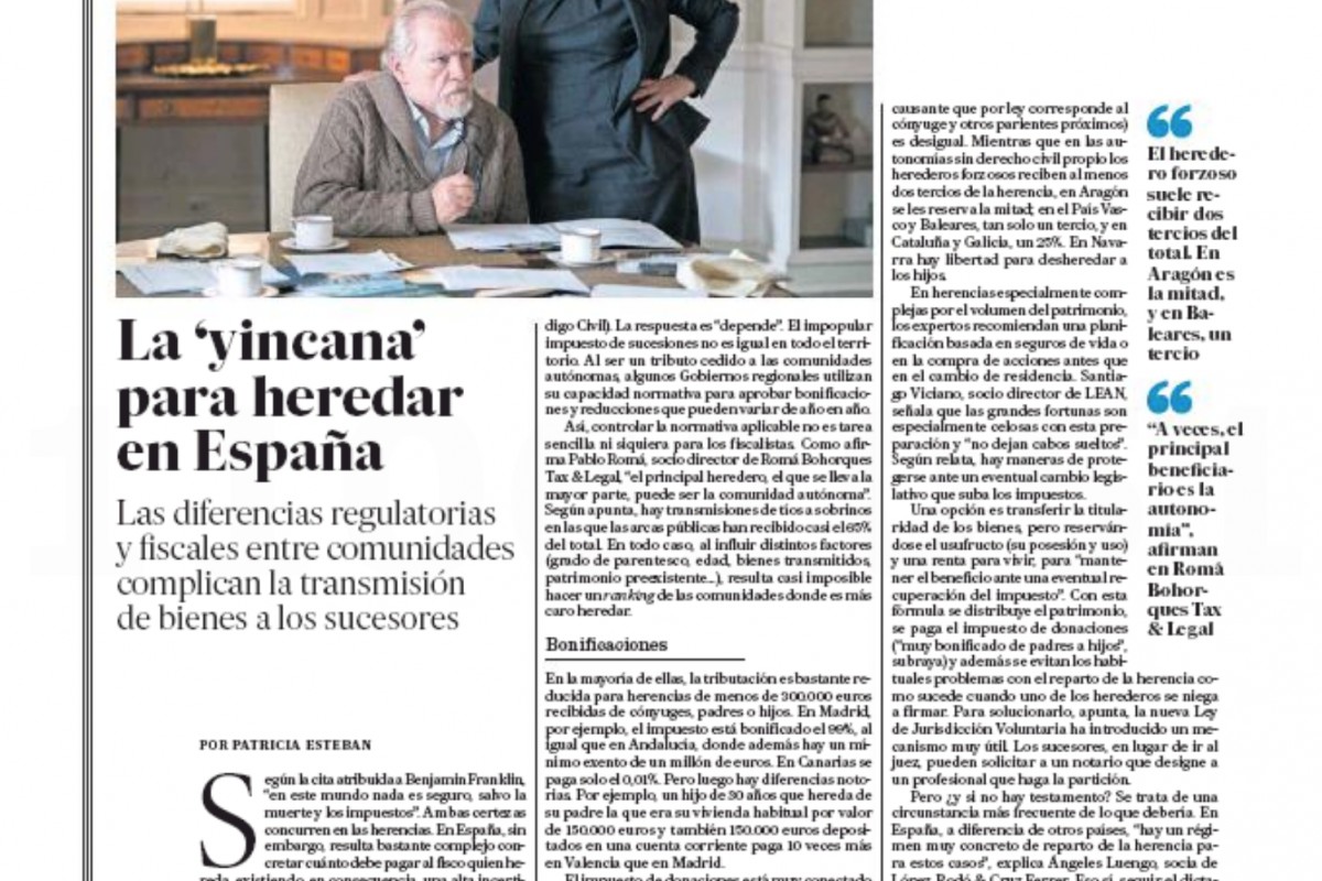 Romá Bohorques Tax & Legal, en un artículo de El País Negocios sobre herencias