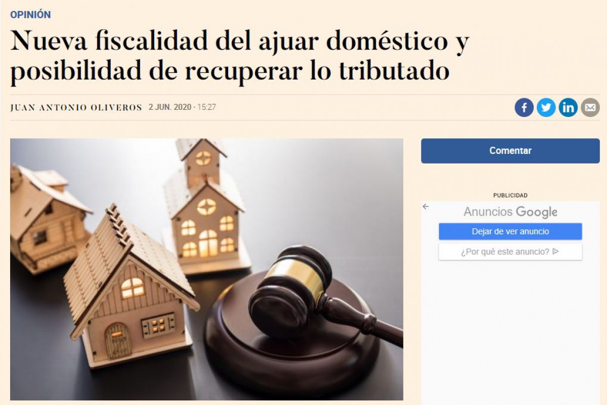Juan Antonio Oliveros escribe en Expansión sobre la nueva fiscalidad del ajuar doméstico