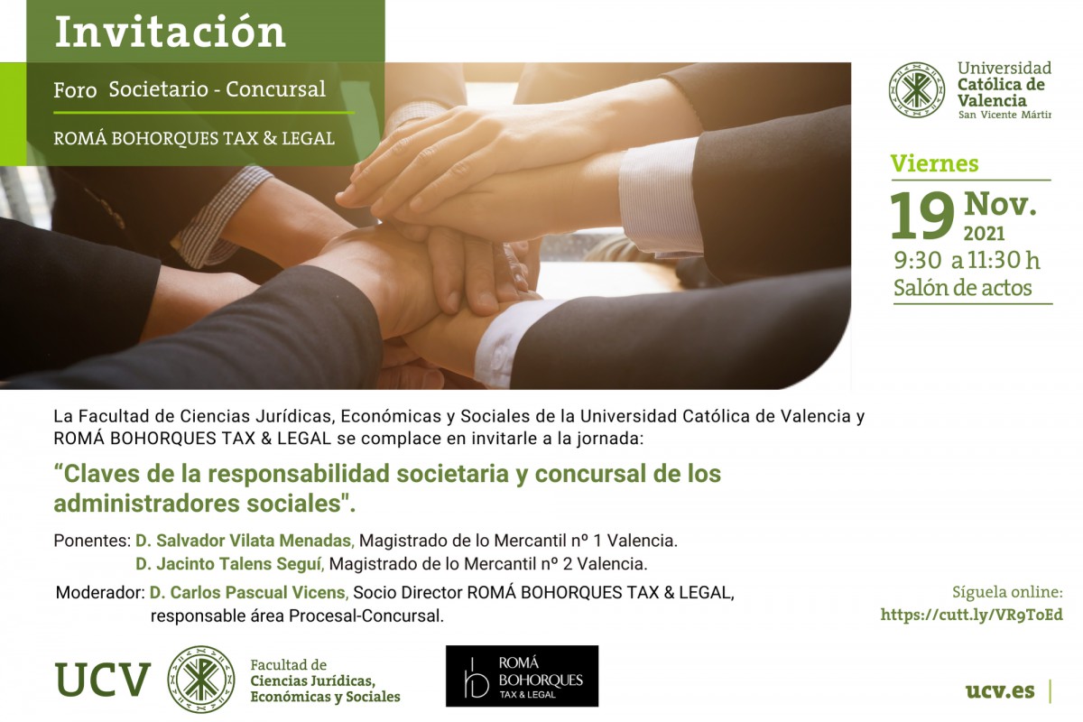 Foro Societario-Concursal de Romá Bohorques Tax & Legal celebra el 19 de noviembre su segunda jornada en la Universidad Católica de Valencia 