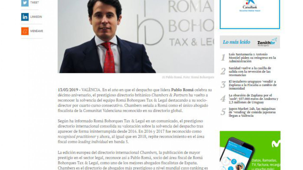 RTBL EN LOS MEDIOS. Valencia Plaza se hace eco de la distinción de Chambers . Foto 1