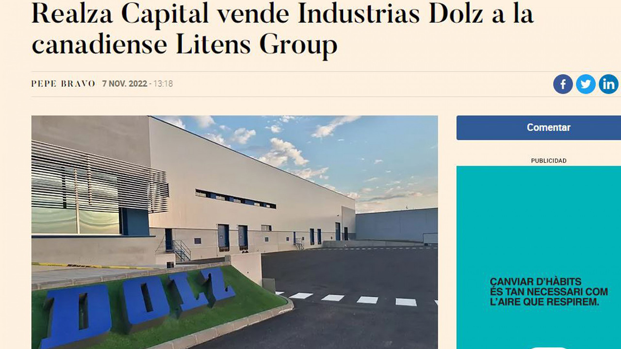 Asesoramos en la compraventa de Industrias Dolz al grupo canadiense Litens